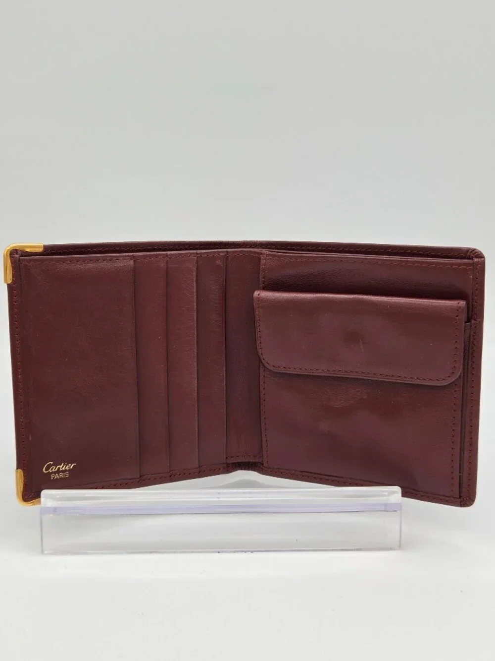 Vintage Must de Cartier Burgundy Leather Bifold Wallet | Coin Pocket | Gold